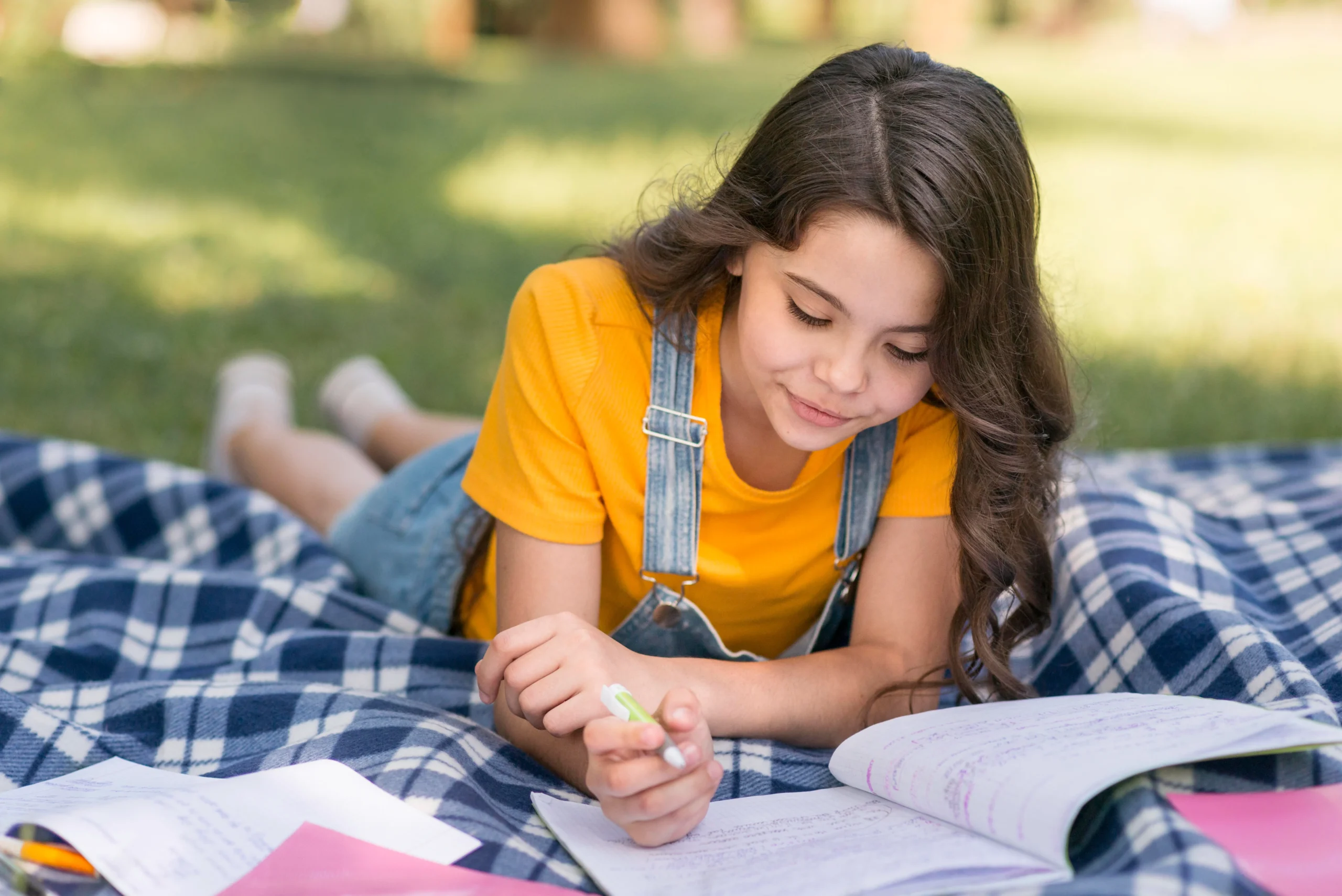 Student writing outdoors in a park